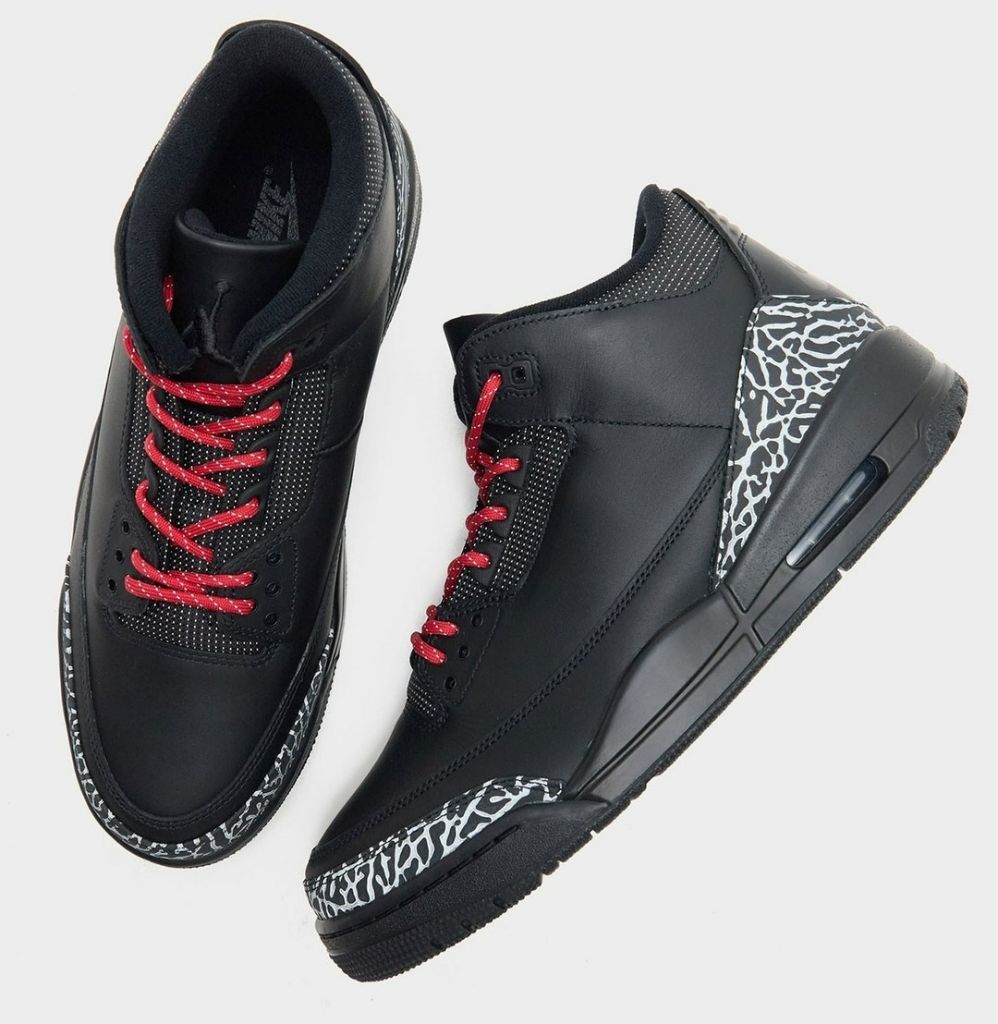 Air Jordan 3 Utility in all-black leather with red laces, top-down view of both shoes